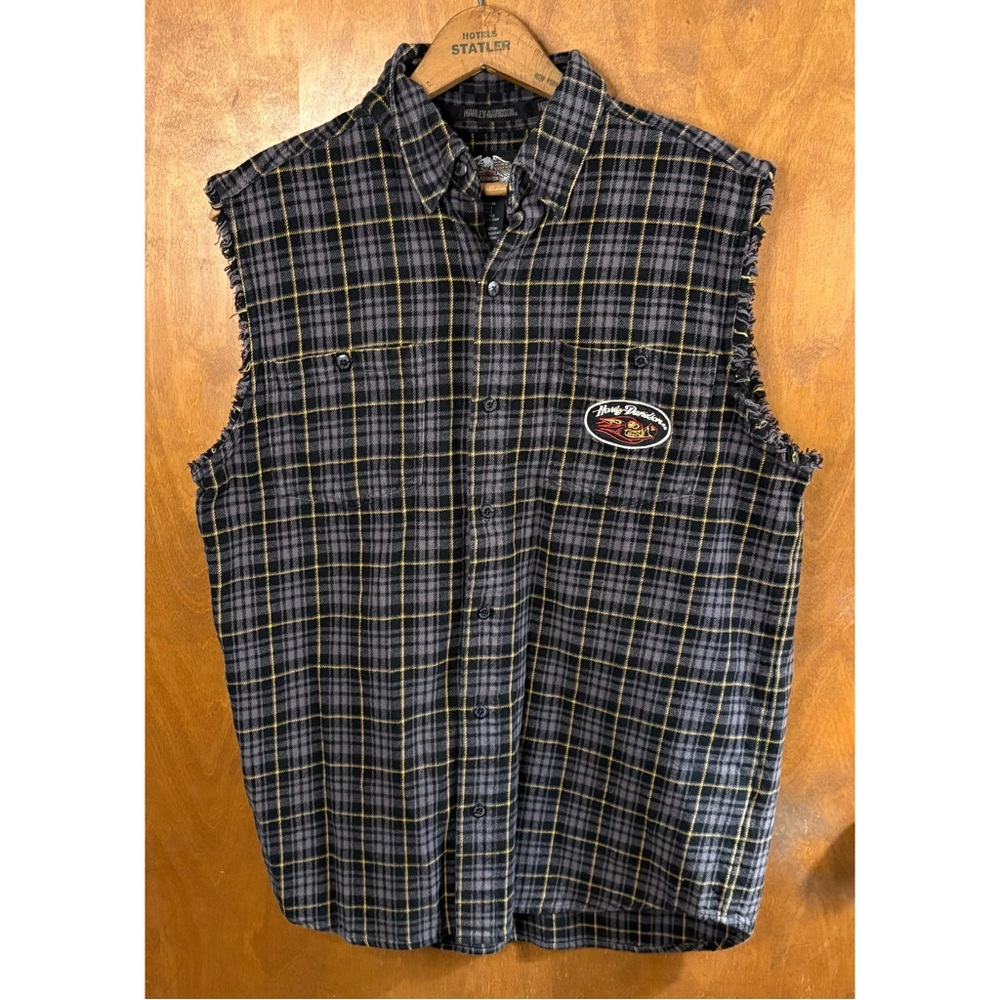 Vintage Y2K Harley Davidson Motorcycle Men's Plaid Flannel Vest Shacket Large